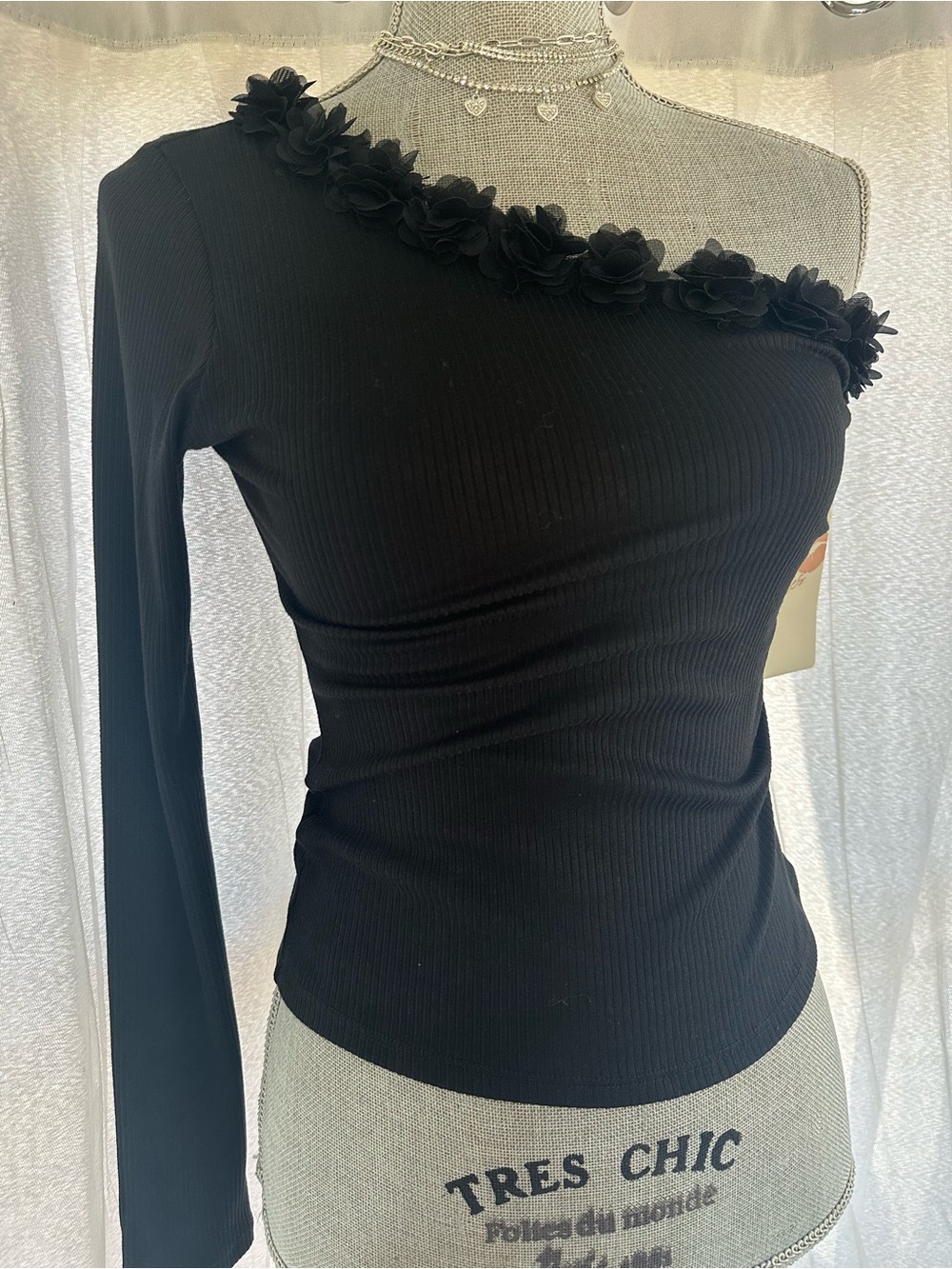Free Kisses Black One-Shoulder Ribbed Top with Floral Trim